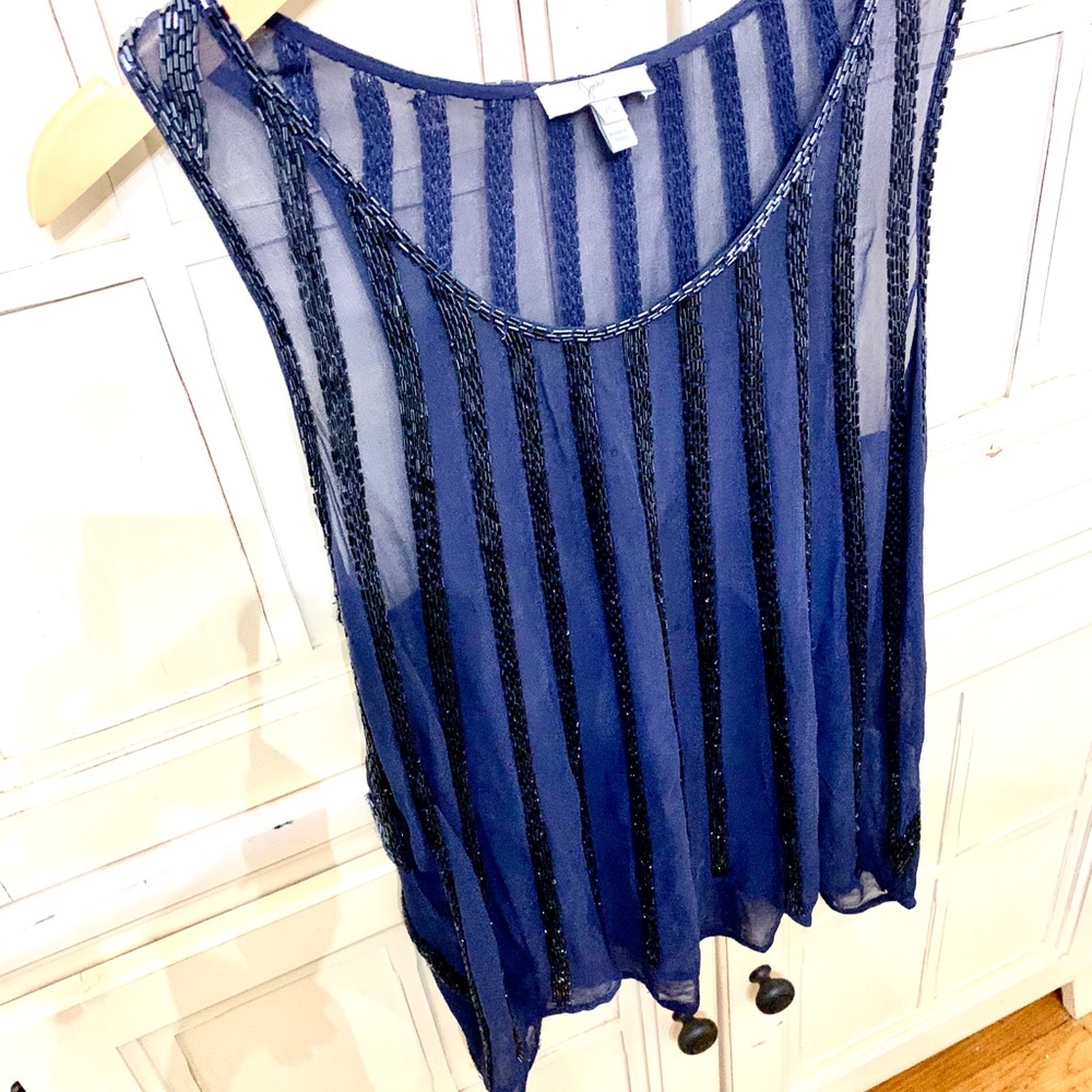 Joie NWOT SILK Sequin Tank Navy Blue XS Top Shirt Camisole Sheer Sparkly - Picture 2 of 15